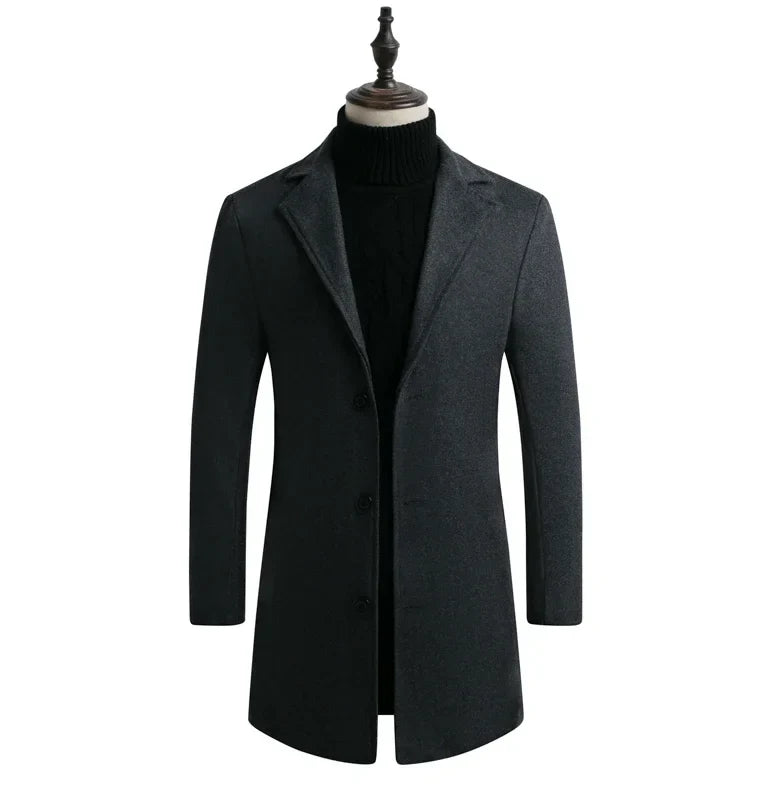 Men Winter Mid Length Wool Blend Coat Dark gray