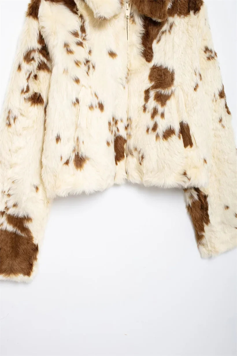 Women Thick Warm Animal Print Short Fur Jacket