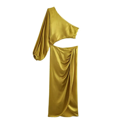 Women Asymmetric Satin Cut Out Long Dress | Ruched Off Shoulder Dress | Evening Party Dress yellow