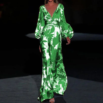 Seste | Women's Floral Satin Maxi Dress V-Neck Puff Sleeve Formal