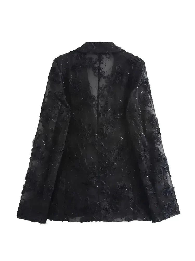 Women Semi Transparent Party Wear Suit Set | Sequin Decorative 2 Piece Blazer Top Set