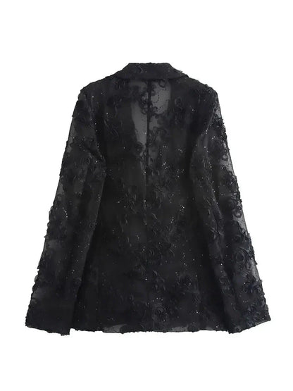 Women Semi Transparent Party Wear Suit Set | Sequin Decorative 2 Piece Blazer Top Set