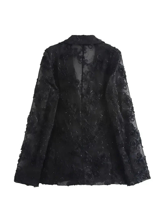 Women Semi Transparent Party Wear Suit Set | Sequin Decorative 2 Piece Blazer Top Set