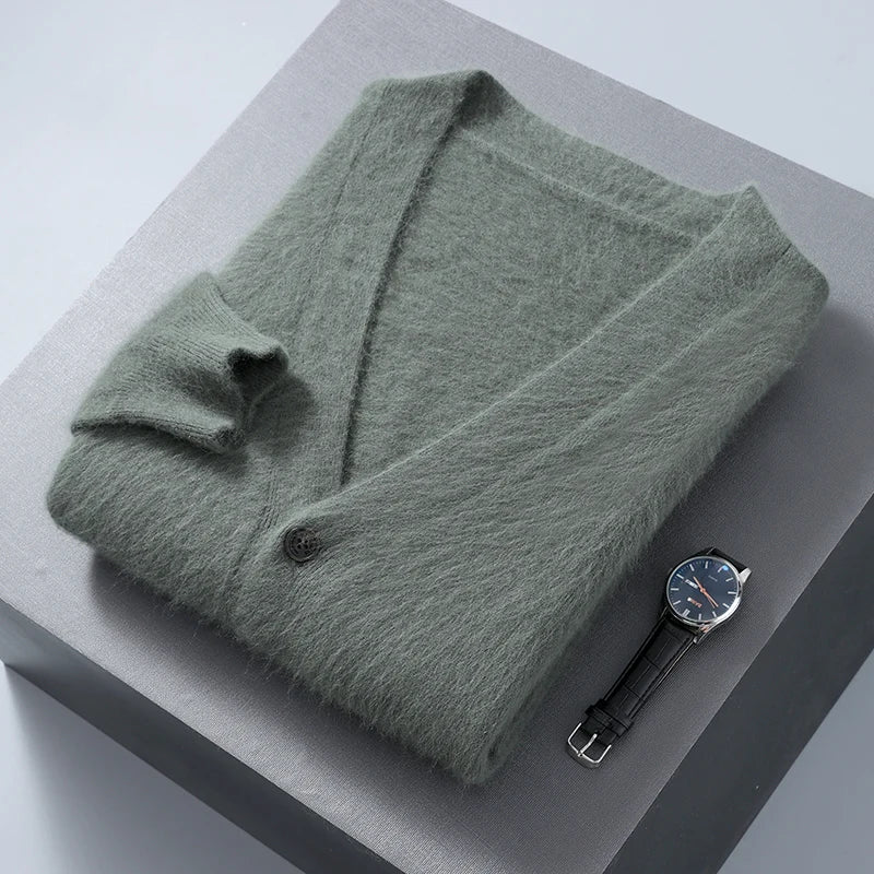 Men Mink Cashmere Warm Cardigan | Casual Loose V-Neck Knit Coat Light Army Green
