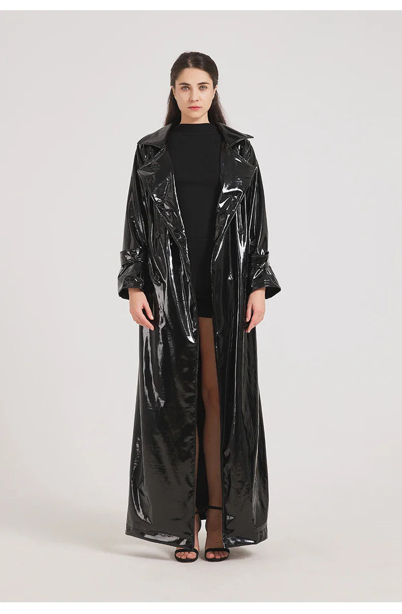 Women Black Shiny Leather Trench Coat | Luxury Designer | Floor Length | Glossy Leather Coat | Reflective | Soft Patent