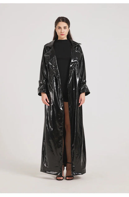 Women Black Shiny Leather Trench Coat | Luxury Designer | Floor Length | Glossy Leather Coat | Reflective | Soft Patent