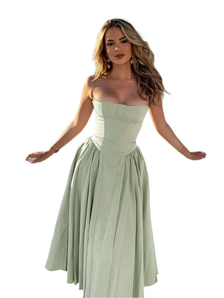 Women Pleated Sling Summer Dress Light Green