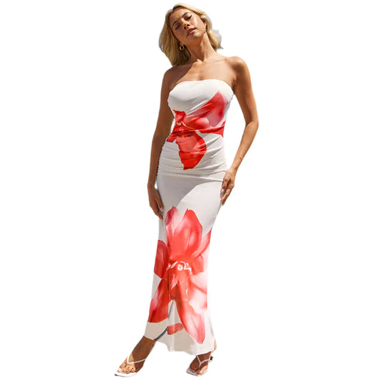 Women Flower Printed Long Dress | Vacation Off Shoulder Dress | Beach Dress