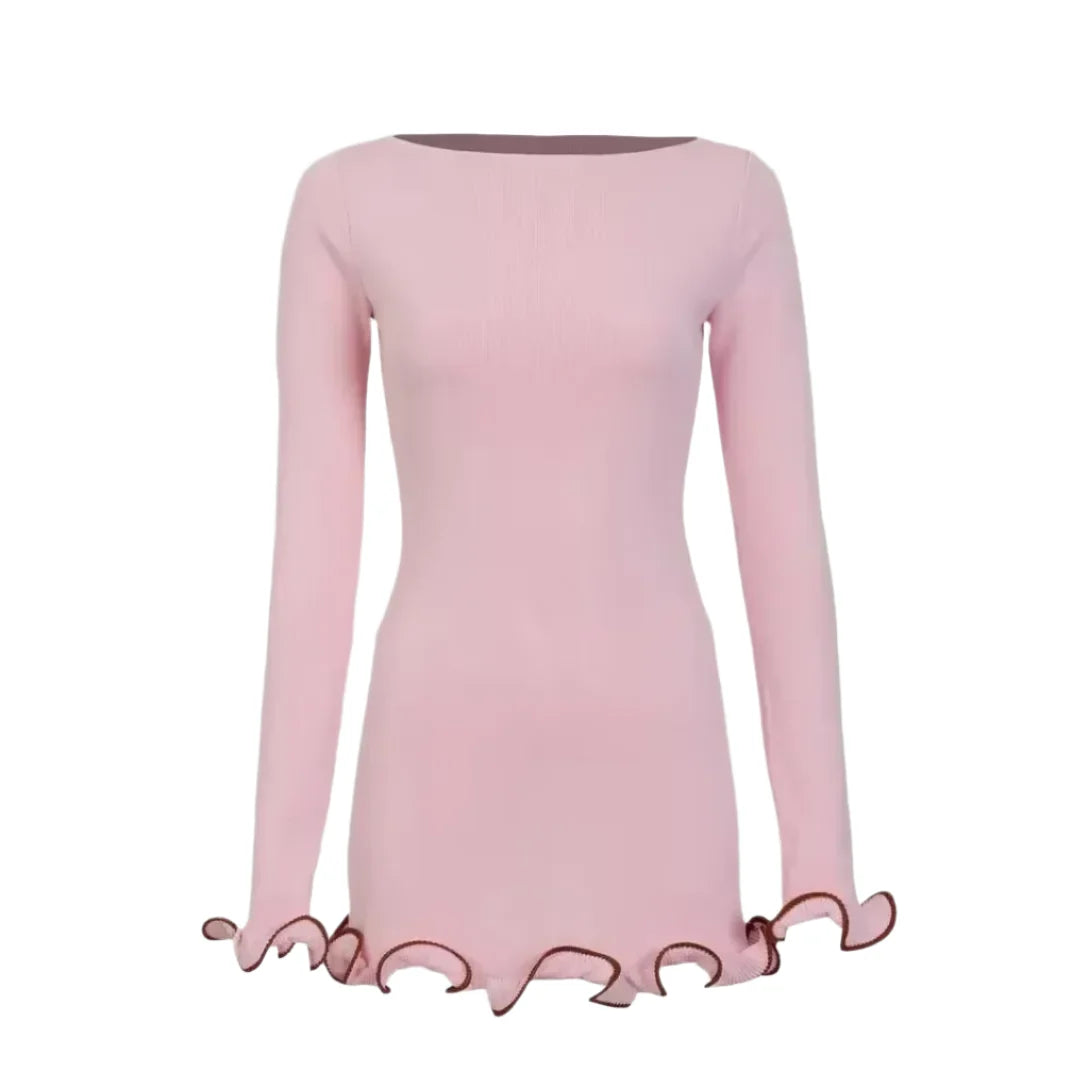 Women Color Contrast Knitted Mini Dress | Long Sleeves Party Dress Pink