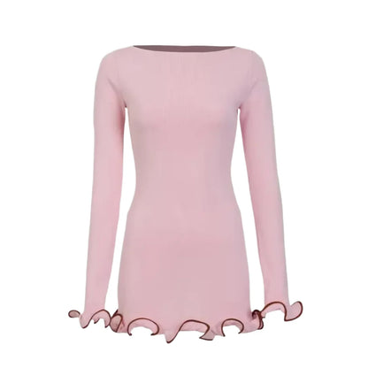Women Color Contrast Knitted Mini Dress | Long Sleeves Party Dress Pink