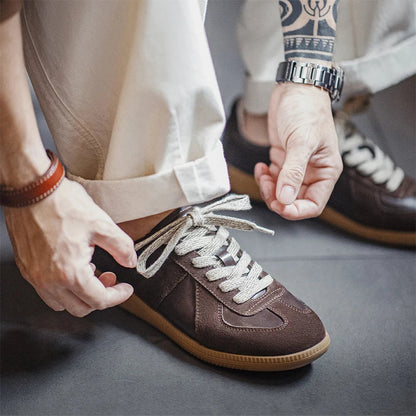 Men Classic Brown Spliced German Trainer Shoes | Flat Low-Top Sneakers | Casual Lace-up Shoes