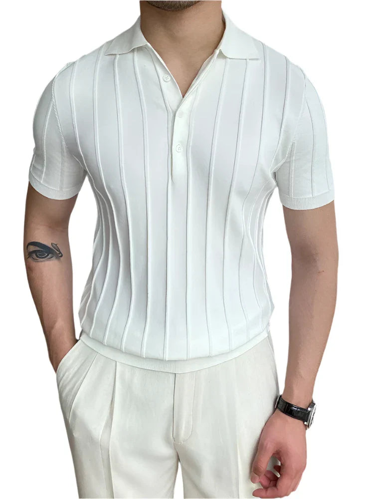Classic Men’s Pleated Polo Cotton Shirt | Casual Short Sleeve Pullover White