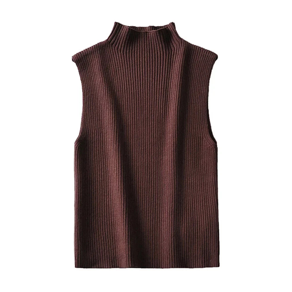 Women Knitted High Neck Top | Classic Ribbed Sleeveless Knit Top | Chic Vest Top Chestnut