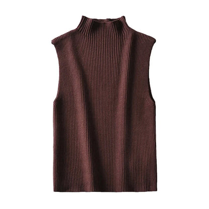 Women Knitted High Neck Top | Classic Ribbed Sleeveless Knit Top | Chic Vest Top Chestnut
