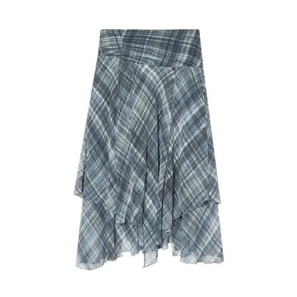 Women Blue Plaid Pleated Skirt | Asymmetrical Hem | High Waist | Long Skirt | Y2k