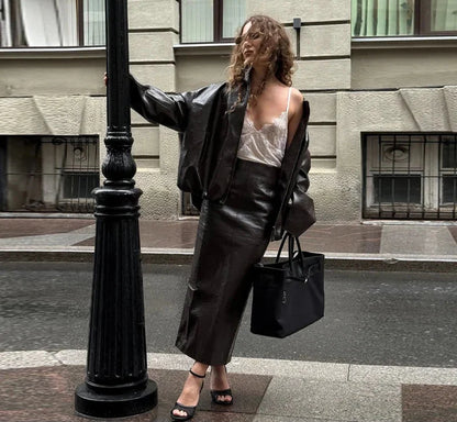 Woman Glossy Leather Two Piece Set | Leather Jacket | Straight Long Leather Skirt | Autumn | Stand Collar Zipper Jacket |
