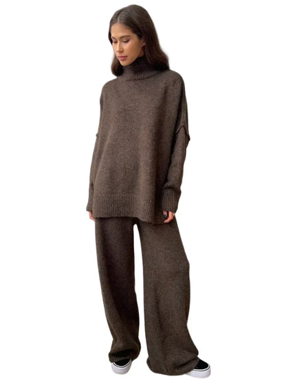 Women Knitted Turtleneck Sweater and High Waisted Trousers Set | Winter Casual Knitwear Dark Brown