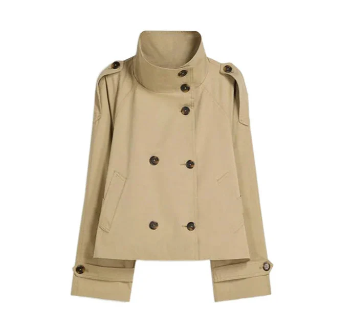 Women Belted Cropped Trench Coat | Autumn | Casual Stand Collar Coat Khaki