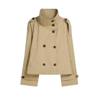 Women Belted Cropped Trench Coat | Autumn | Casual Stand Collar Coat Khaki