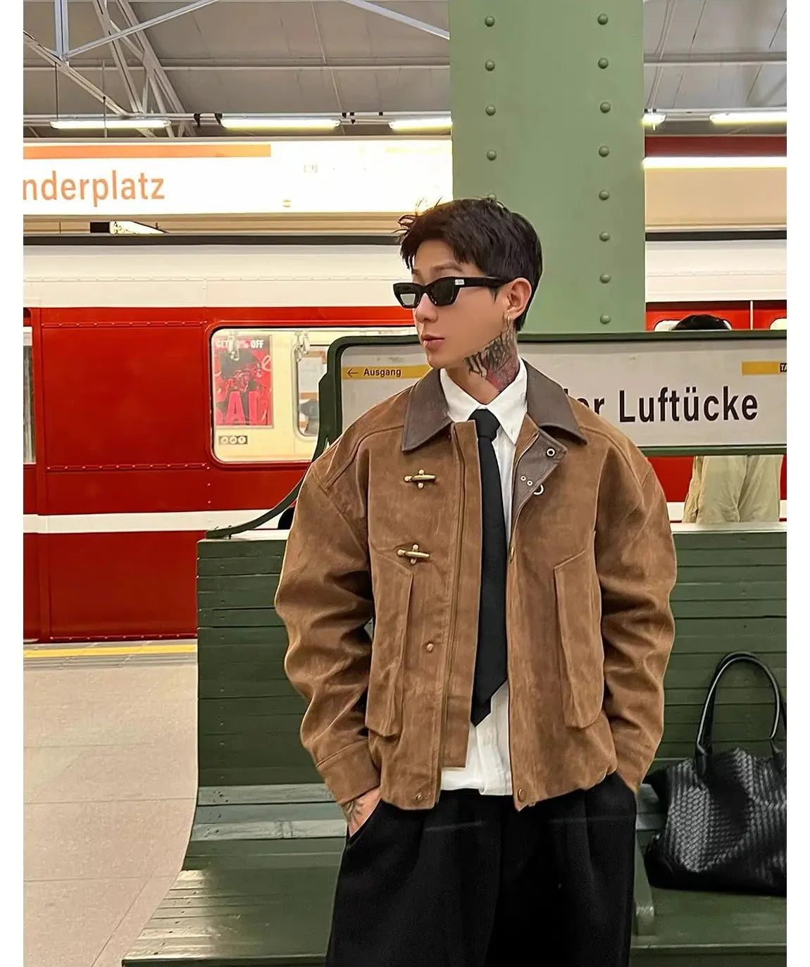 Men Suede Jacket | Loose Collar | Airplane Buckle Brown