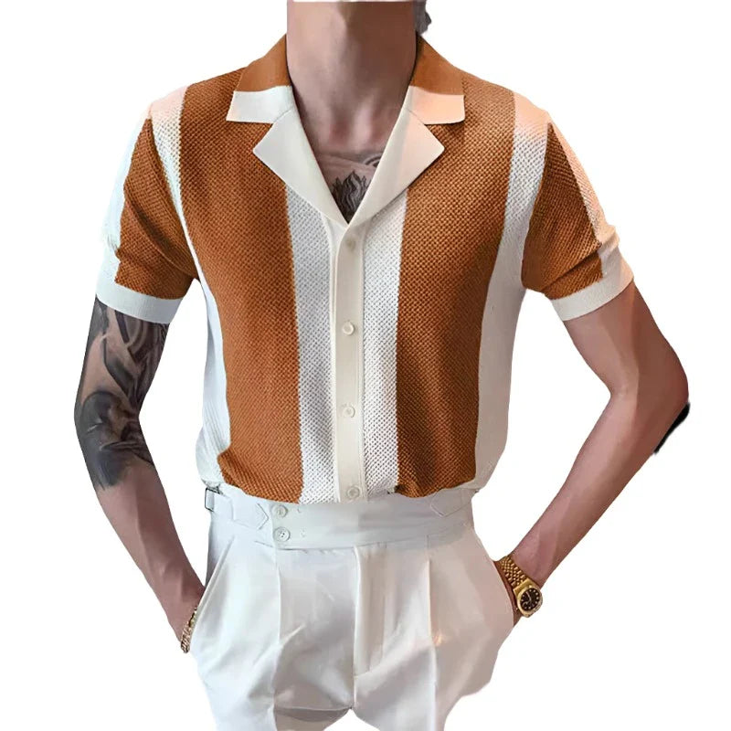 Men Knit Striped Contrast Shirt | Summer Short Sleeve | Buttoned Knitted Cardigan Coffee