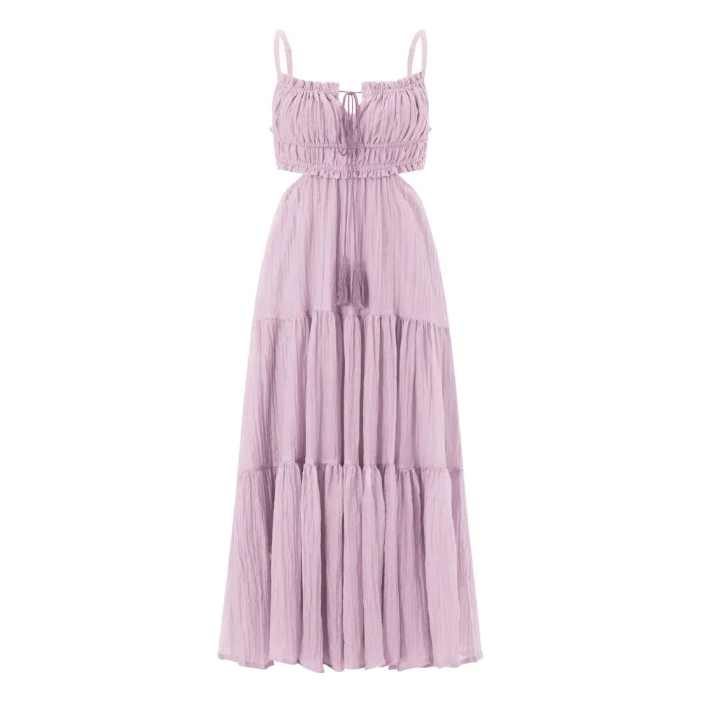 Women Summer Flowy Long Dress | Spaghetti Strap Backless Ruffled A-line Dress | Bohemian Holiday Sundress Lavender