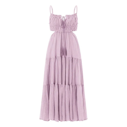 Women Summer Flowy Long Dress | Spaghetti Strap Backless Ruffled A-line Dress | Bohemian Holiday Sundress Lavender