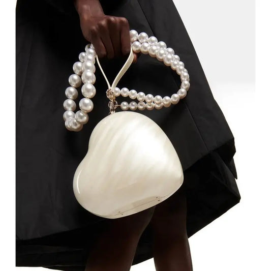 Women Heart Shaped Handbag | Party Clutch | Mini Bag | Pearl Chain Purse Beige