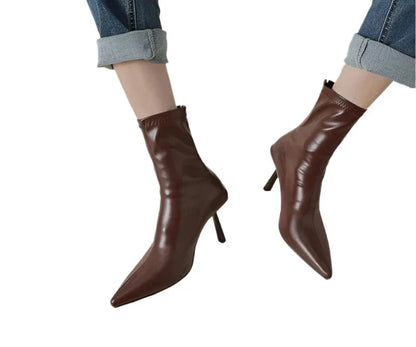 Women Leather High Heel Ankle Boots | Zipper Closure Brown