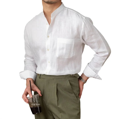 Men Breathable Pure Linen Long Sleeve Business Shirt | Vacation Shirt | Summer Lightweight Shirt White