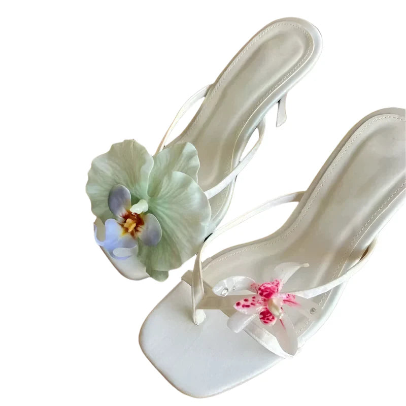 Women Hawaii Asymmetrical Flower Sandals | Thin Heels | Beach Vacation Sandals | Summer Dress Shoe White