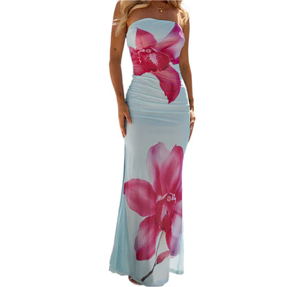 Women Flower Printed Long Dress | Vacation Off Shoulder Dress | Beach Dress