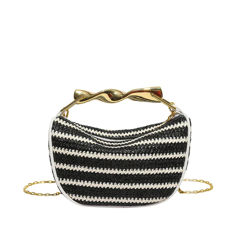 Women Woven Handbag | Rattan Half-Moon | Straw Shoulder Bag | Bucket Bag | Crossbody Bag Black & White