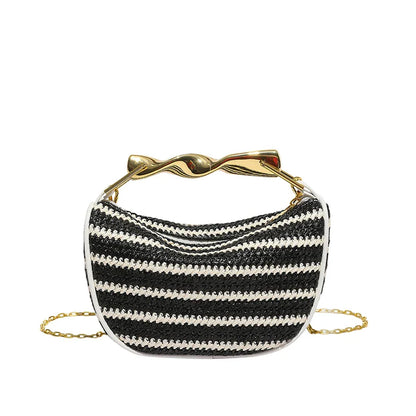 Women Woven Handbag | Rattan Half-Moon | Straw Shoulder Bag | Bucket Bag | Crossbody Bag Black & White