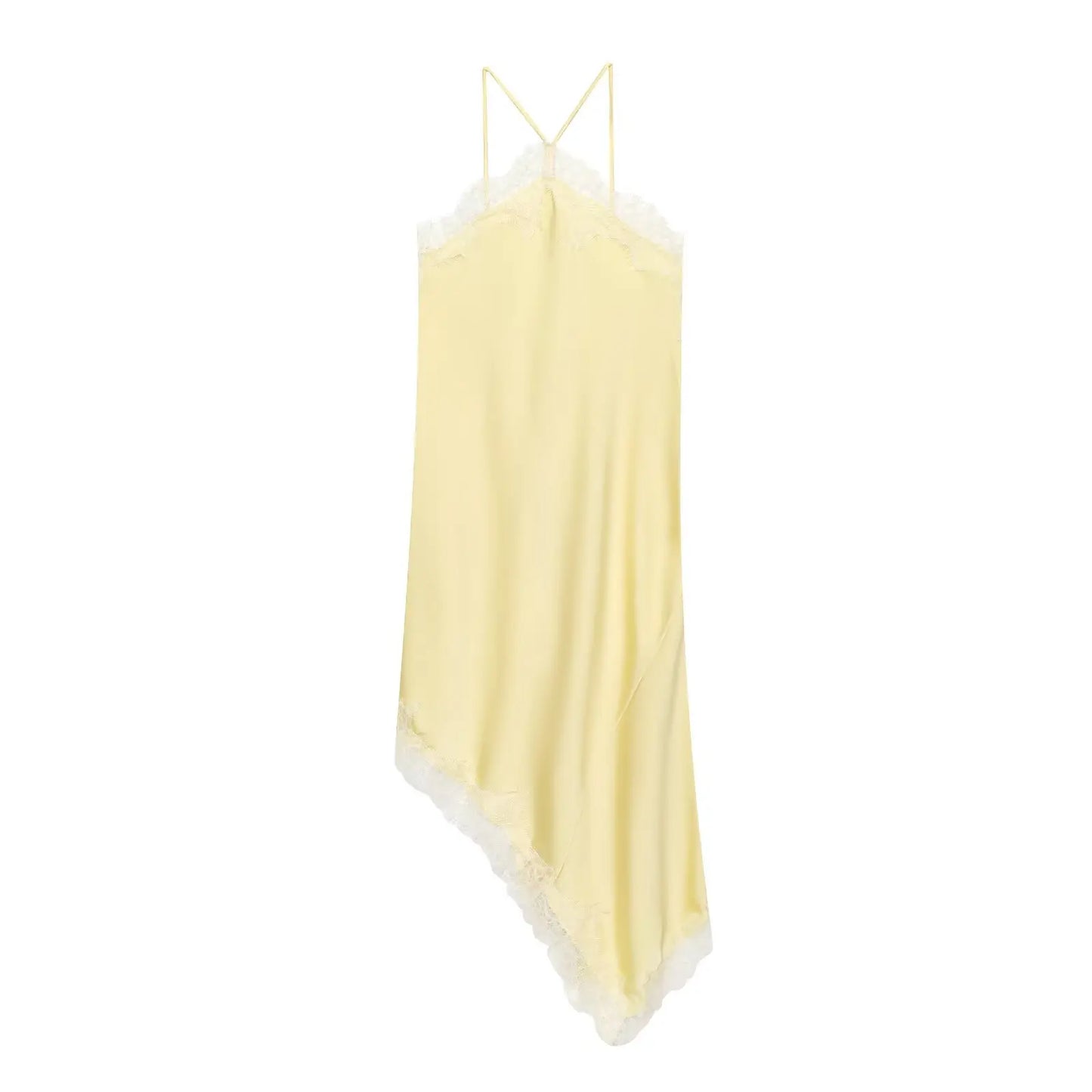 Women Lace Spliced Sling Dress | Sleeveless | Backless | Asymmetrical | Holiday | Party Wear Yellow
