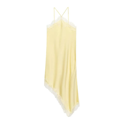 Women Lace Spliced Sling Dress | Sleeveless | Backless | Asymmetrical | Holiday | Party Wear Yellow