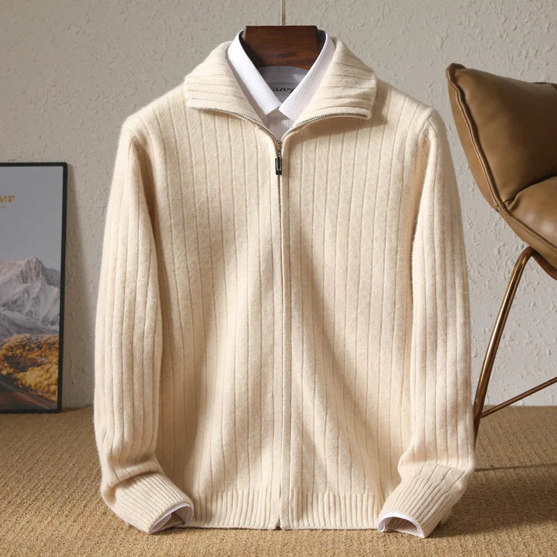Men Merino Wool Stand-Up Collar Cardigan | Business Casual | Warm Zipper Jacket Beige