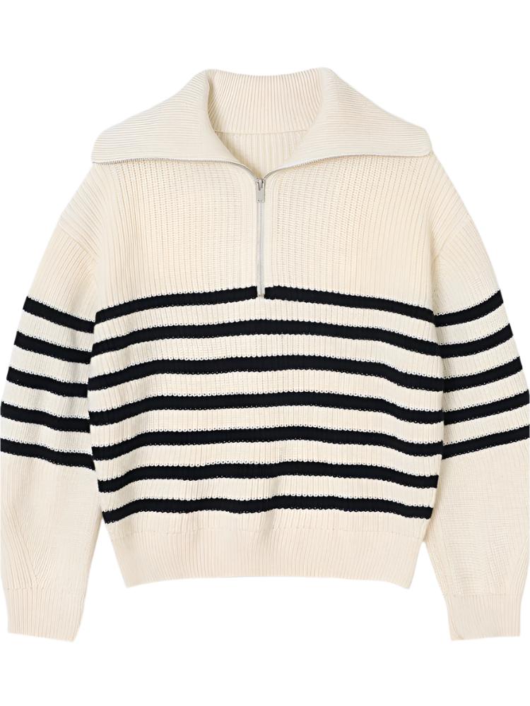 Women Classic Quarter Zip Pullover | Striped Turtleneck Sweater white
