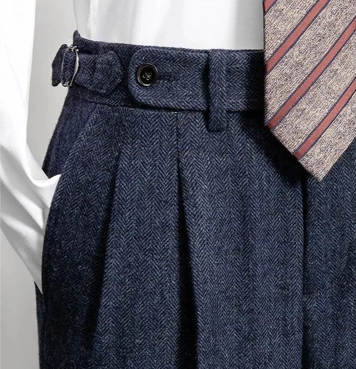 Men Vintage High Waisted Tweed Pants | Woolen Trousers | Business Casual Pants Navy