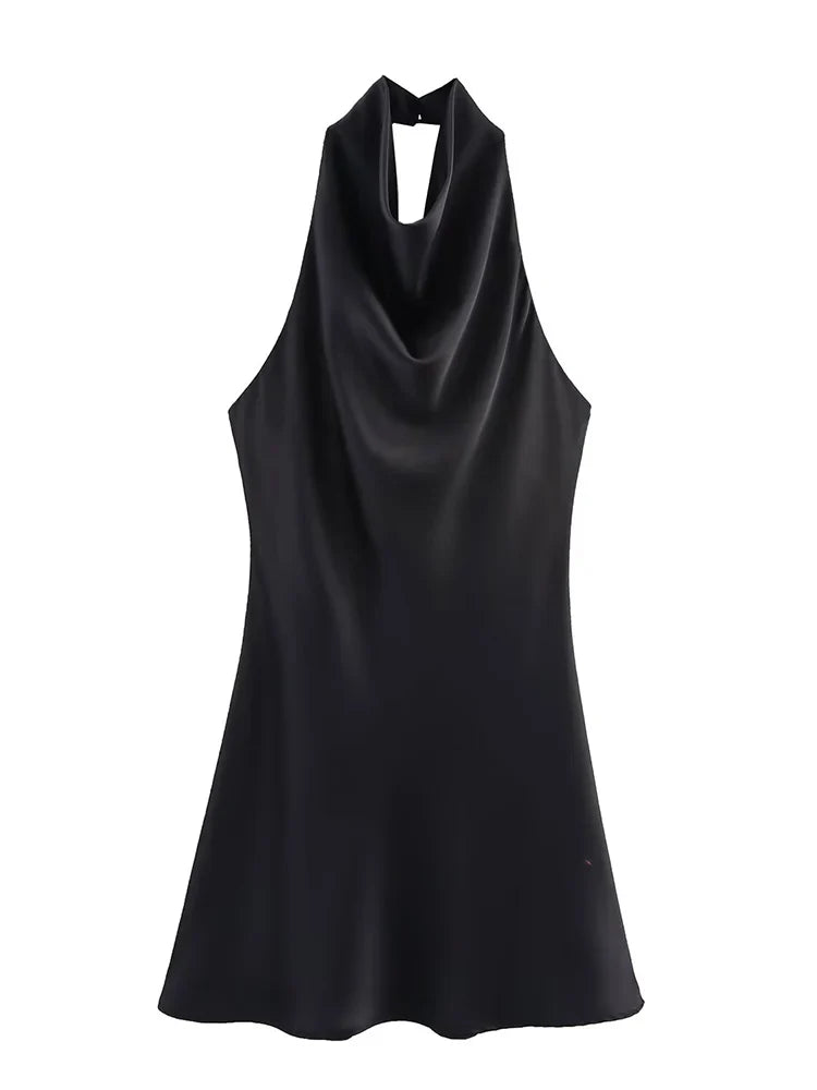 Women Satin Backless Halter Dress | Summer | Short Party Dress | Sleeveless | Mini Dress Black