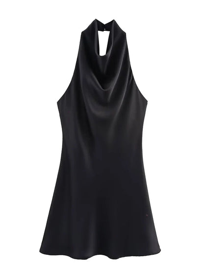 Women Satin Backless Halter Dress | Summer | Short Party Dress | Sleeveless | Mini Dress Black