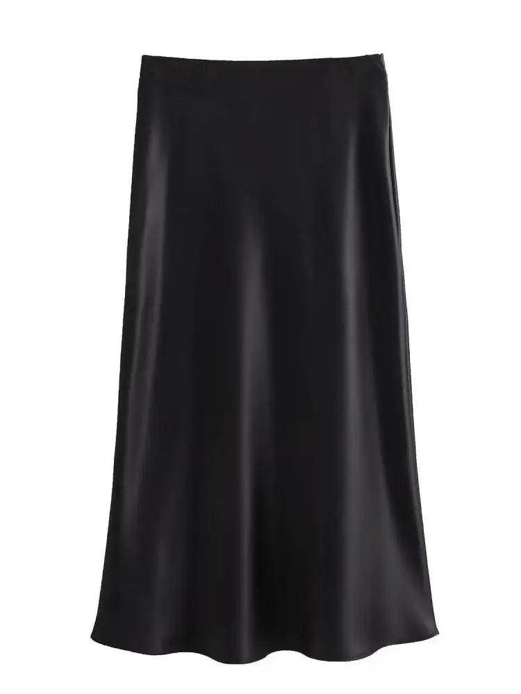 Women Solid Pleated Midi Satin Skirt | Mid Elastic Waist Vintage Skirt black