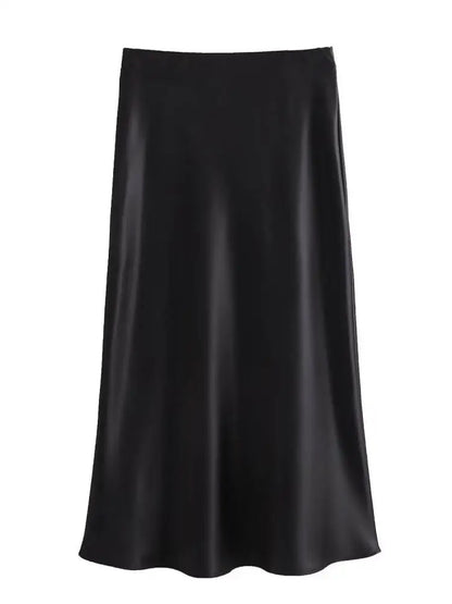 Women Solid Pleated Midi Satin Skirt | Mid Elastic Waist Vintage Skirt black