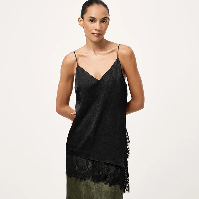 Women Elegant Satin Spaghetti Strap Camisole | Lace Split Vest | Casual Silk Top | Summer Black
