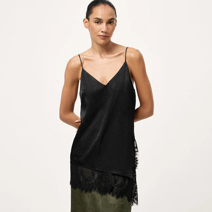 Women Elegant Satin Spaghetti Strap Camisole | Lace Split Vest | Casual Silk Top | Summer Black