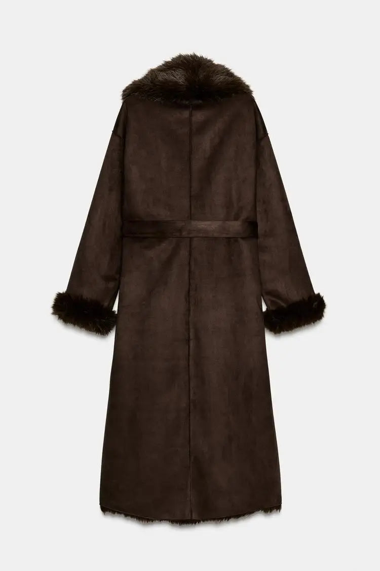 Women Winter Long Coat | Fur Collar | Belted | Mid-Length