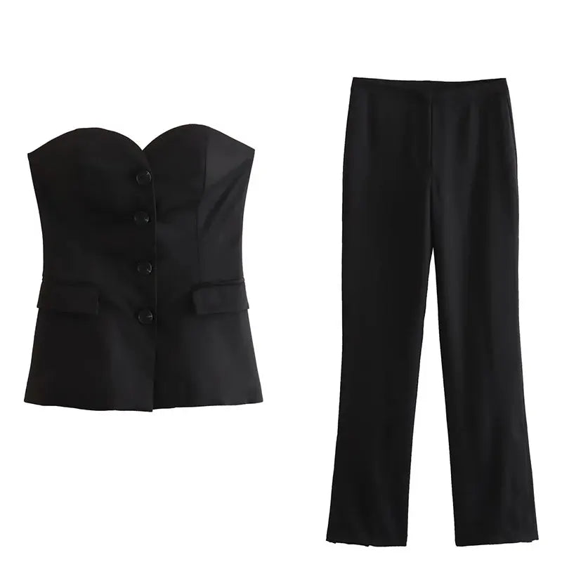 Women Solid Tube Top Pant Suit | Sleeveless Off Shoulder Top and Straight Trousers 2 Piece black suit