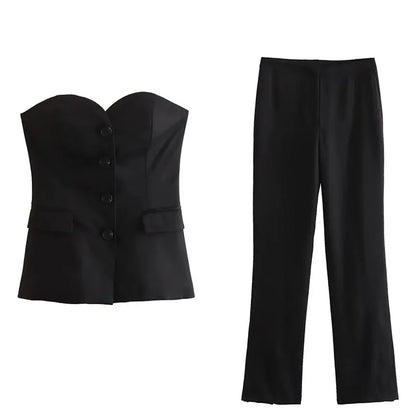 Women Solid Tube Top Pant Suit | Sleeveless Off Shoulder Top and Straight Trousers 2 Piece black suit