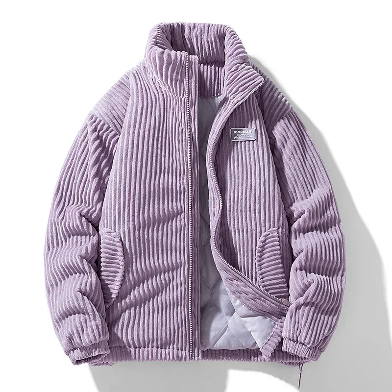 Men Corduroy Puffer Jacket | Windbreaker Jacket | Padded Stand Collar Coat Purple