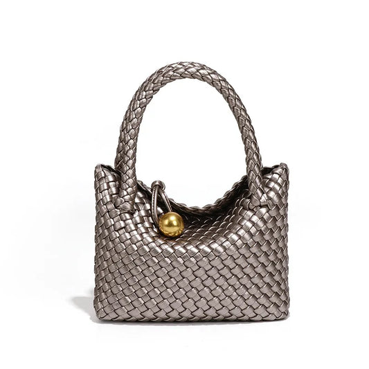 Women Leather Woven Small Crescent Crossbody Bag Metallic Grey